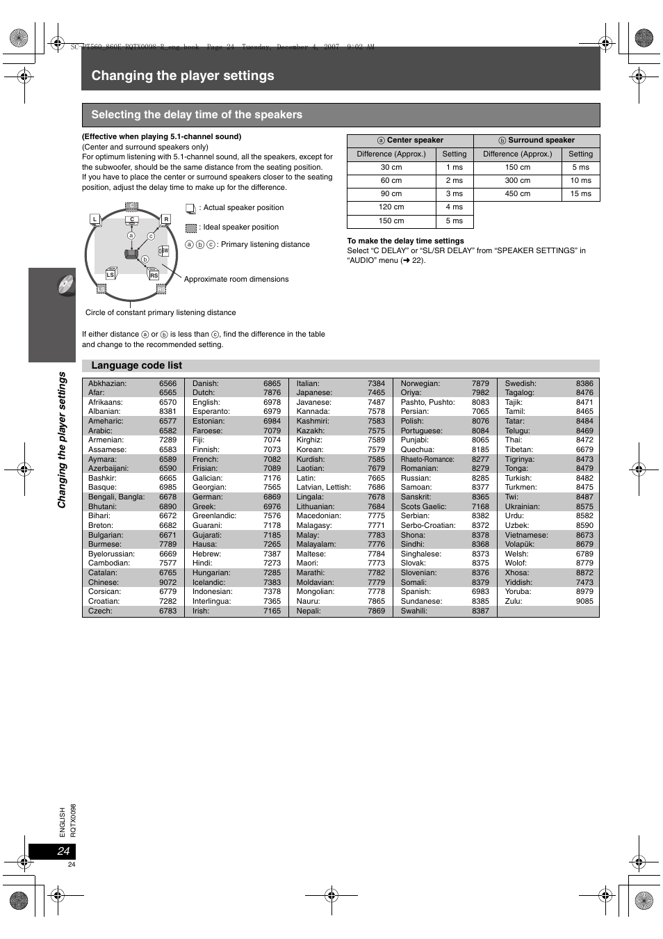 Changing the player settings, Selecting the delay time of the speakers | Panasonic SCPT860 User Manual | Page 24 / 116