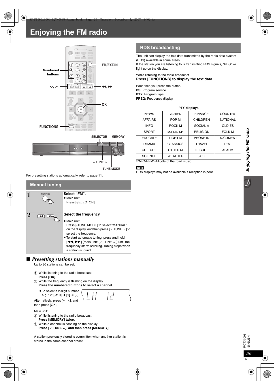 Enjoying the fm radio, Presetting stations manually, Manual tuning | Rds broadcasting, Enjo ying the fm radio | Panasonic SCPT860 User Manual | Page 25 / 116