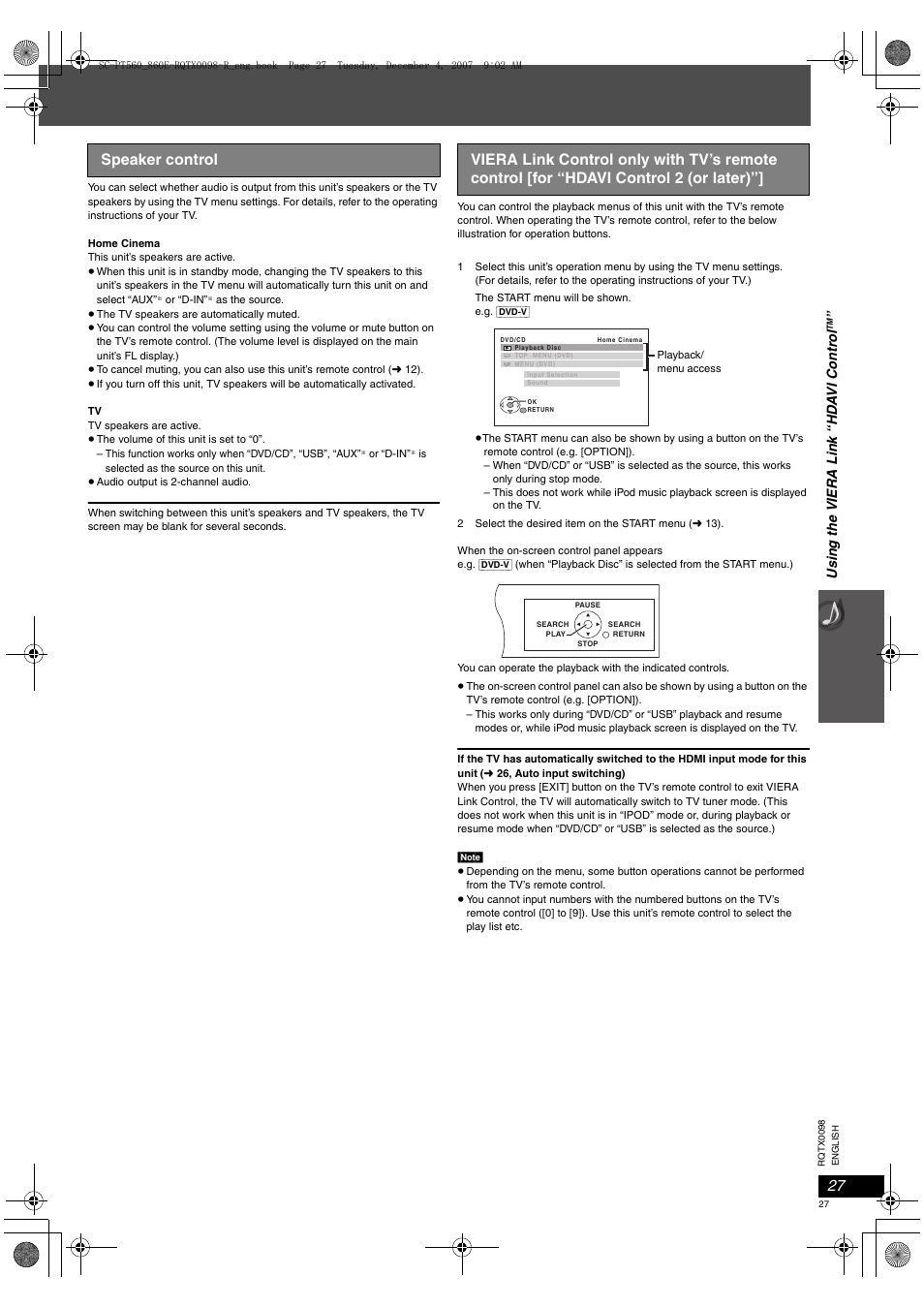 Using the viera link “hd a vi contr o l | Panasonic SCPT860 User Manual | Page 27 / 116