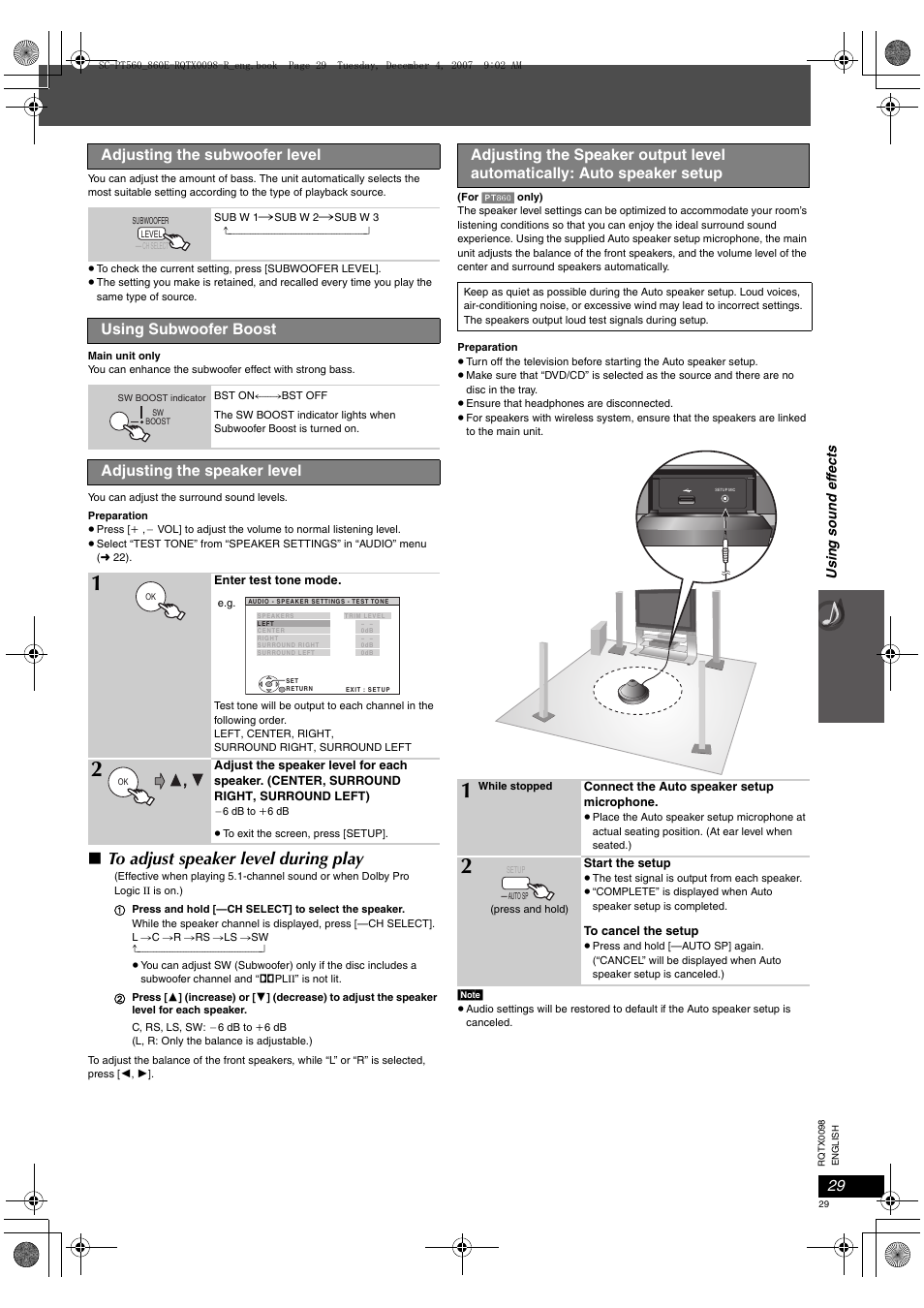 Adjusting the subwoofer level, Using subwoofer boost, Adjusting the speaker level | Panasonic SCPT860 User Manual | Page 29 / 116