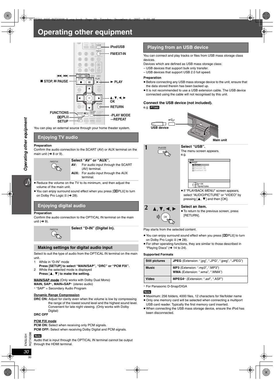 Operating other equipment, Enjoying tv audio, Enjoying digital audio | Playing from an usb device, Op eratin g oth e r eq uip m en t, Making settings for digital audio input, Open close | Panasonic SCPT860 User Manual | Page 30 / 116