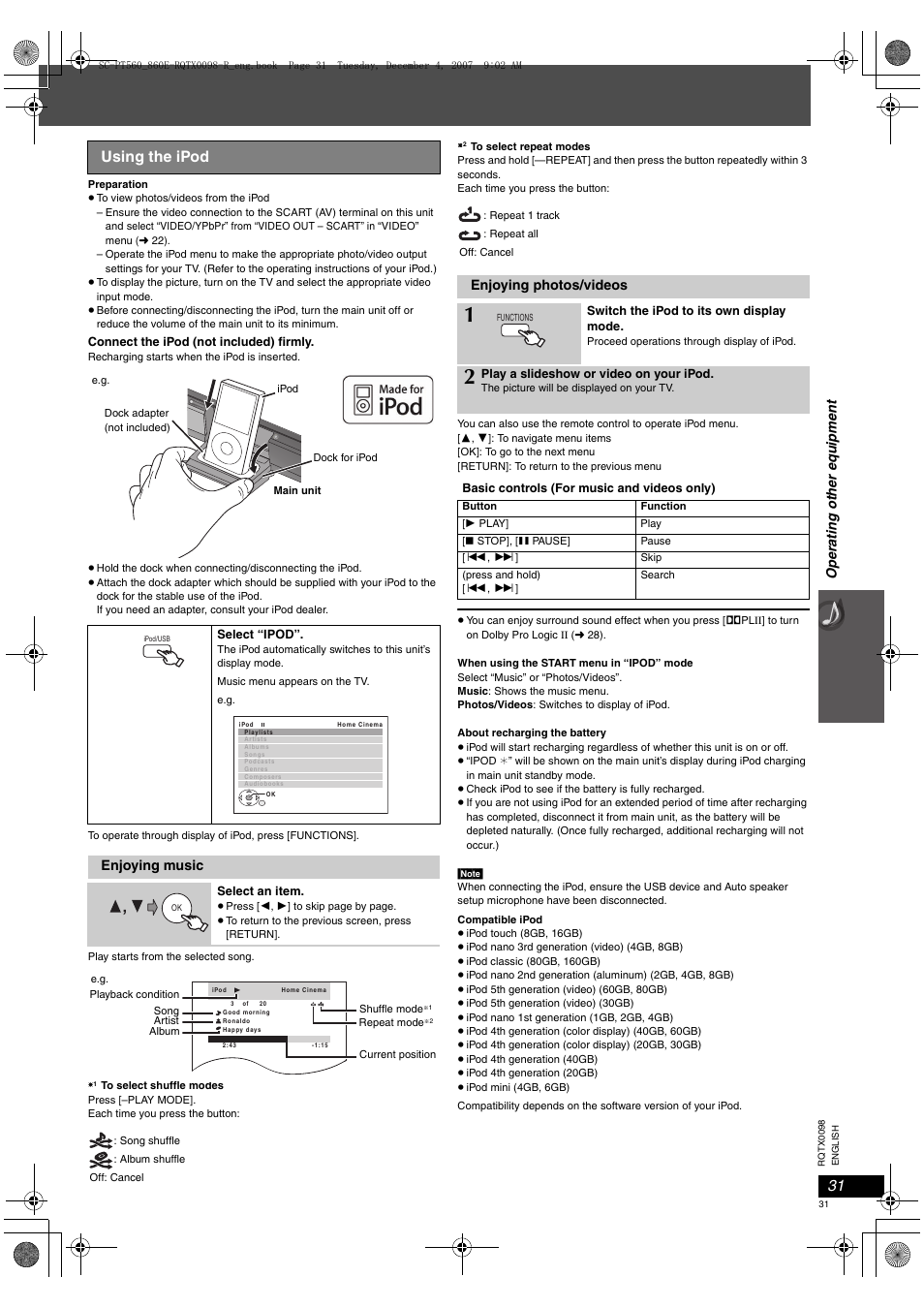 Using the ipod | Panasonic SCPT860 User Manual | Page 31 / 116