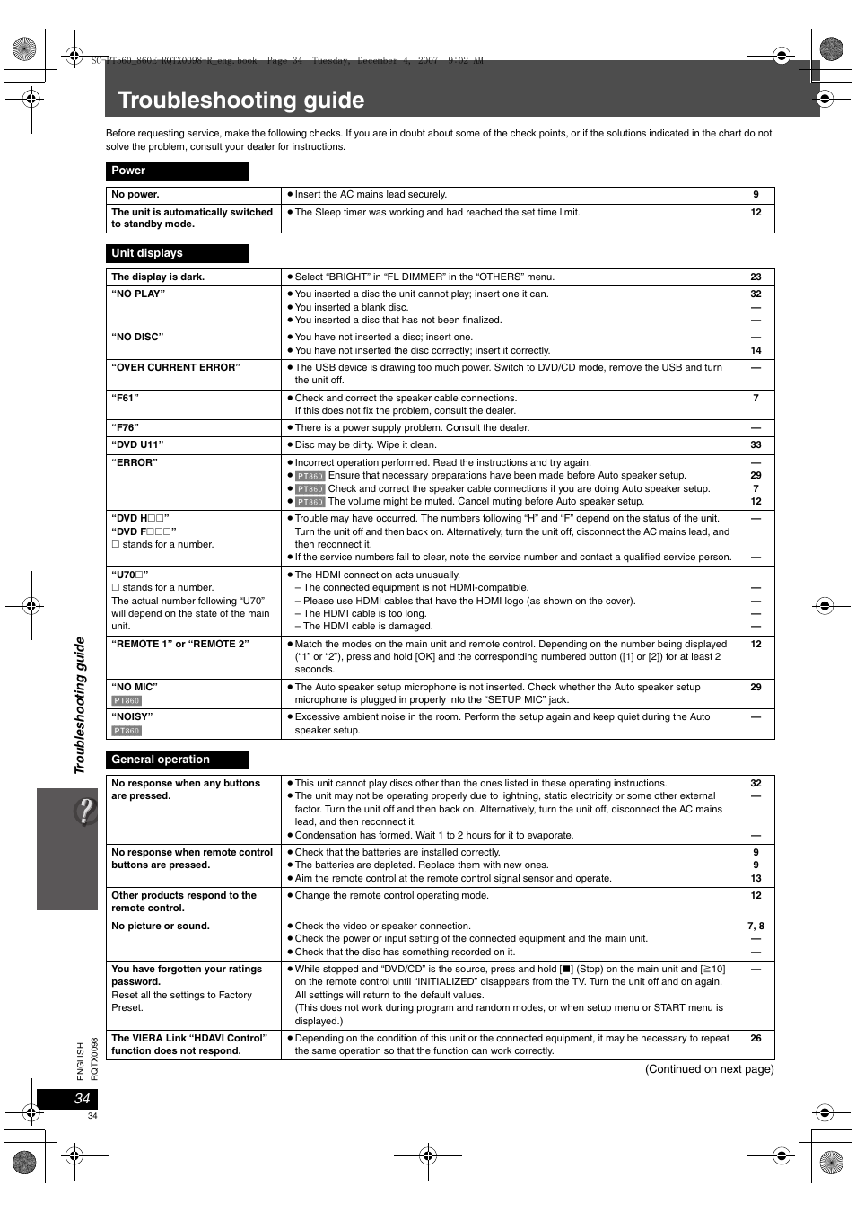 Troubleshooting guide | Panasonic SCPT860 User Manual | Page 34 / 116