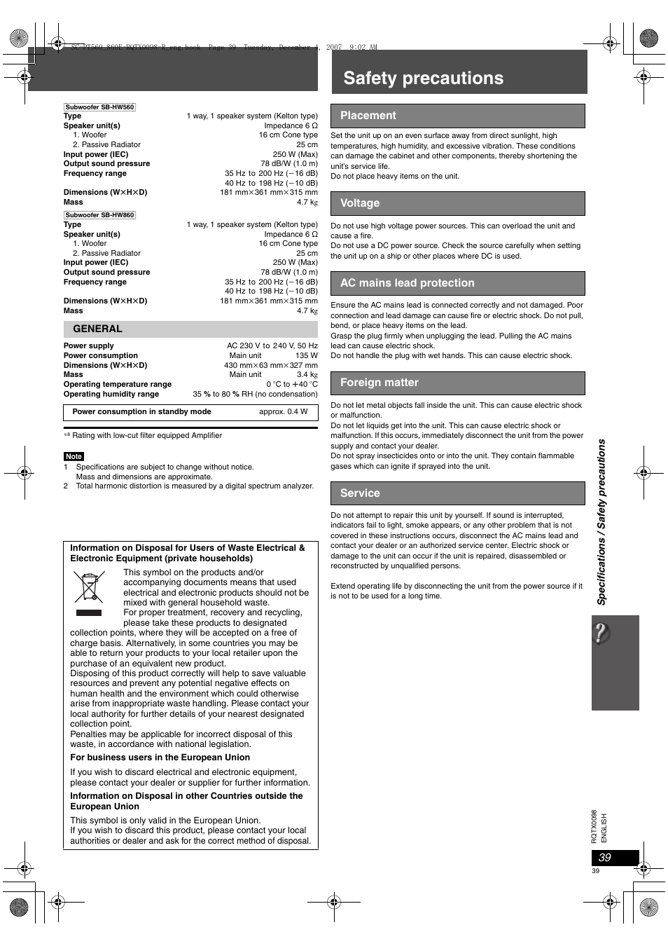 Safety precautions | Panasonic SCPT860 User Manual | Page 39 / 116