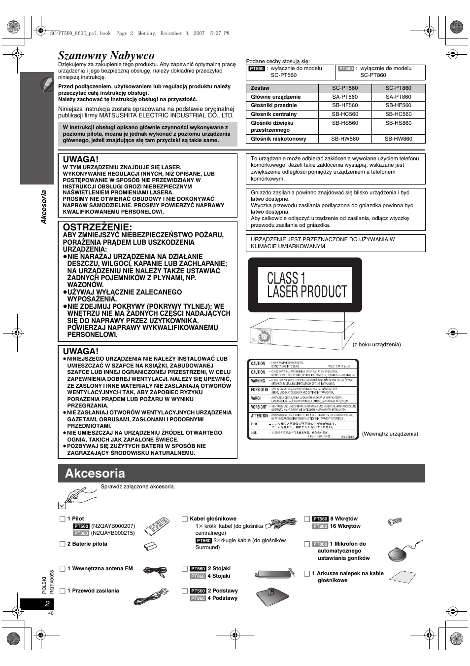 Akcesoria, Szanowny nabywco, Ostrzeżenie | Uwaga | Panasonic SCPT860 User Manual | Page 40 / 116
