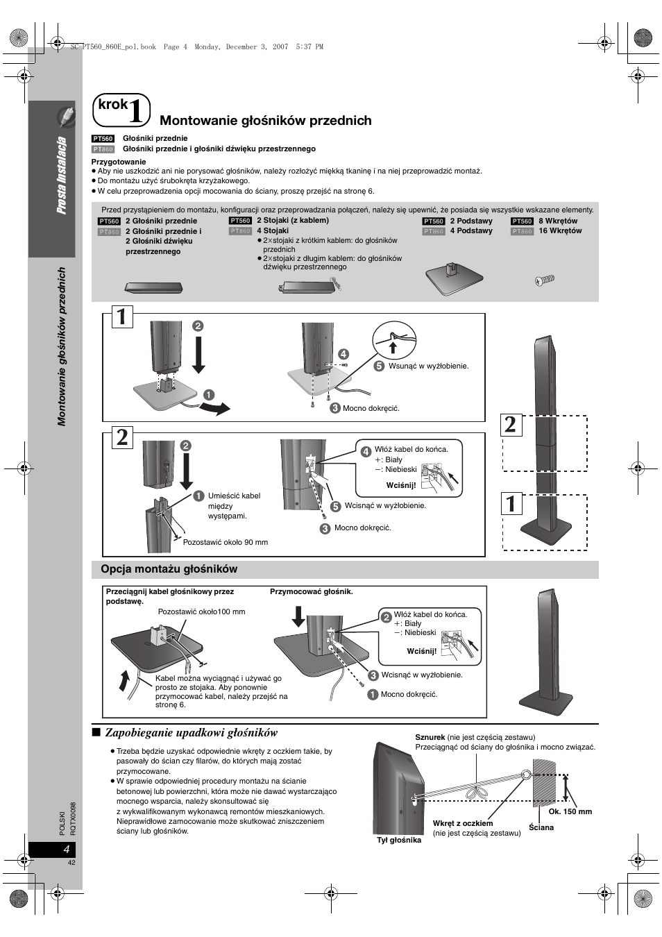 Krok, Montowanie głośników przednich, Zapobieganie upadkowi głośników | Prosta instalacja | Panasonic SCPT860 User Manual | Page 42 / 116