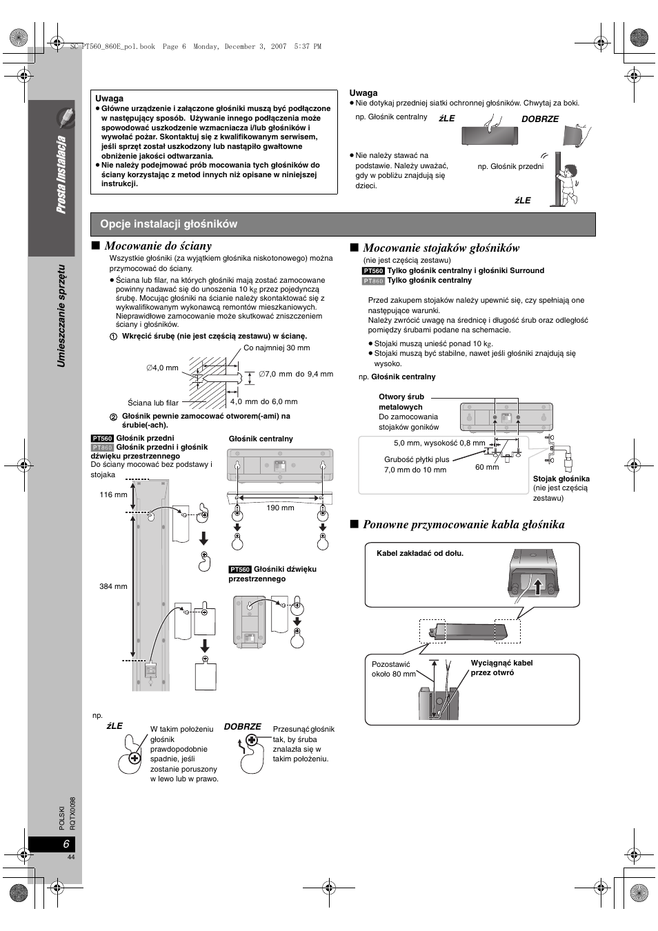 Mocowanie do ściany, Mocowanie stojaków głośników, Ponowne przymocowanie kabla głośnika | Prosta instalacja, Opcje instalacji głośników | Panasonic SCPT860 User Manual | Page 44 / 116