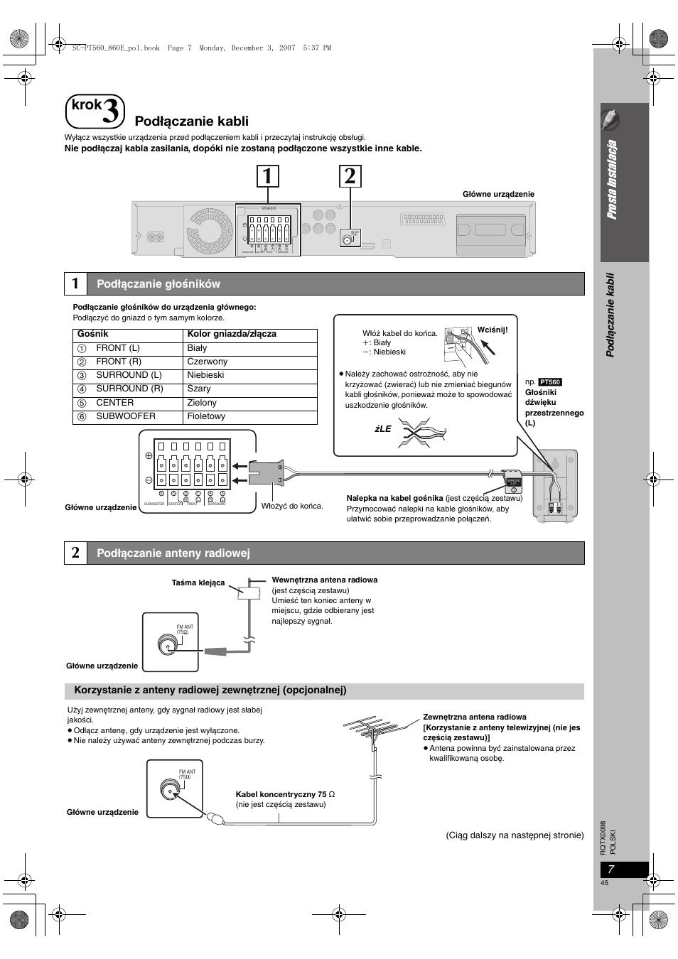 Krok, Podłączanie kabli, Prosta instalacja | Podłączanie głośników, Podłączanie anteny radiowej, Po dł ąc za ni e ka b li | Panasonic SCPT860 User Manual | Page 45 / 116