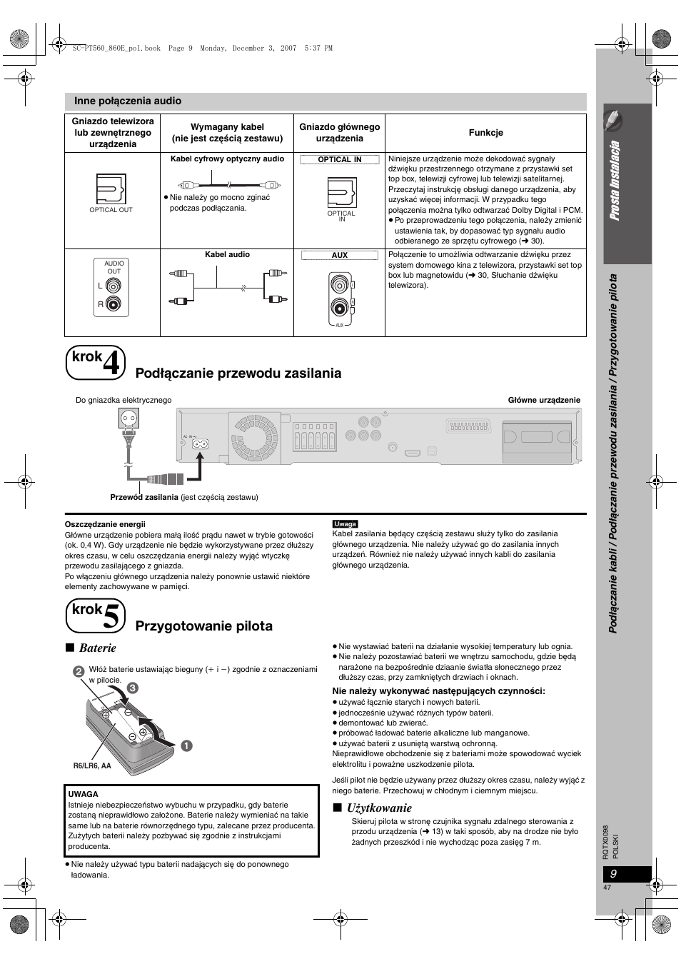 Krok, Podłączanie przewodu zasilania, Przygotowanie pilota | Baterie, Użytkowanie | Panasonic SCPT860 User Manual | Page 47 / 116