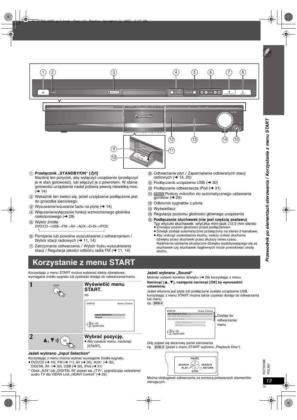 Korzystanie z menu start, Wyświetlić menu start, Wybrać pozycję | Panasonic SCPT860 User Manual | Page 51 / 116