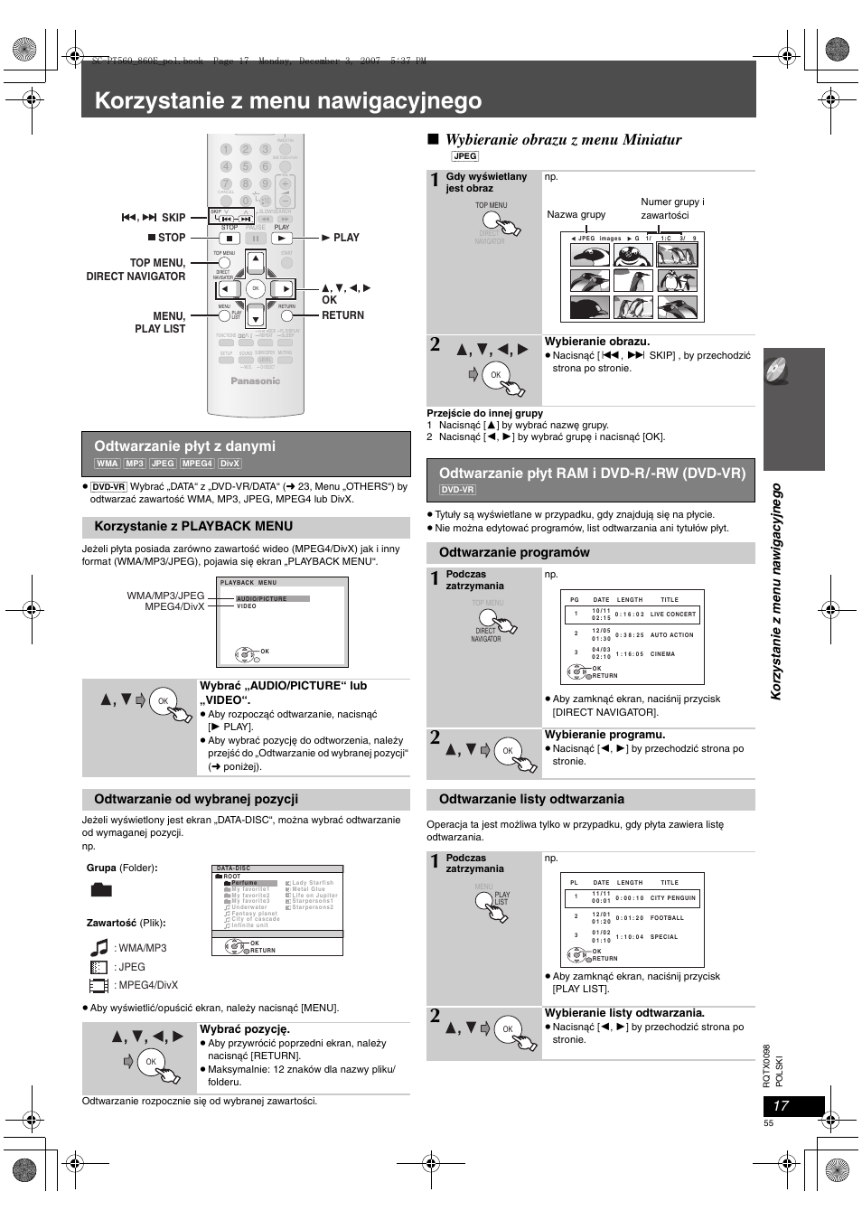 Korzystanie z menu nawigacyjnego, Wybieranie obrazu z menu miniatur, Odtwarzanie płyt z danymi | Odtwarzanie płyt ram i dvd-r/-rw (dvd-vr), Ko rz ystanie z men u na wiga c y jne g o, Korzystanie z playback menu, Odtwarzanie od wybranej pozycji, Odtwarzanie programów, Odtwarzanie listy odtwarzania | Panasonic SCPT860 User Manual | Page 55 / 116
