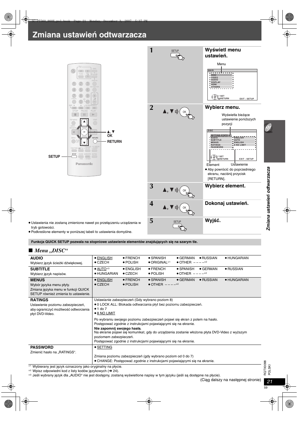 Zmiana ustawień odtwarzacza, Menu „disc, Wyświetl menu ustawień | Wybierz menu, Wybierz element, Dokonaj ustawień, Wyjść, Zm iana u s ta wień o d twarza cz a | Panasonic SCPT860 User Manual | Page 59 / 116
