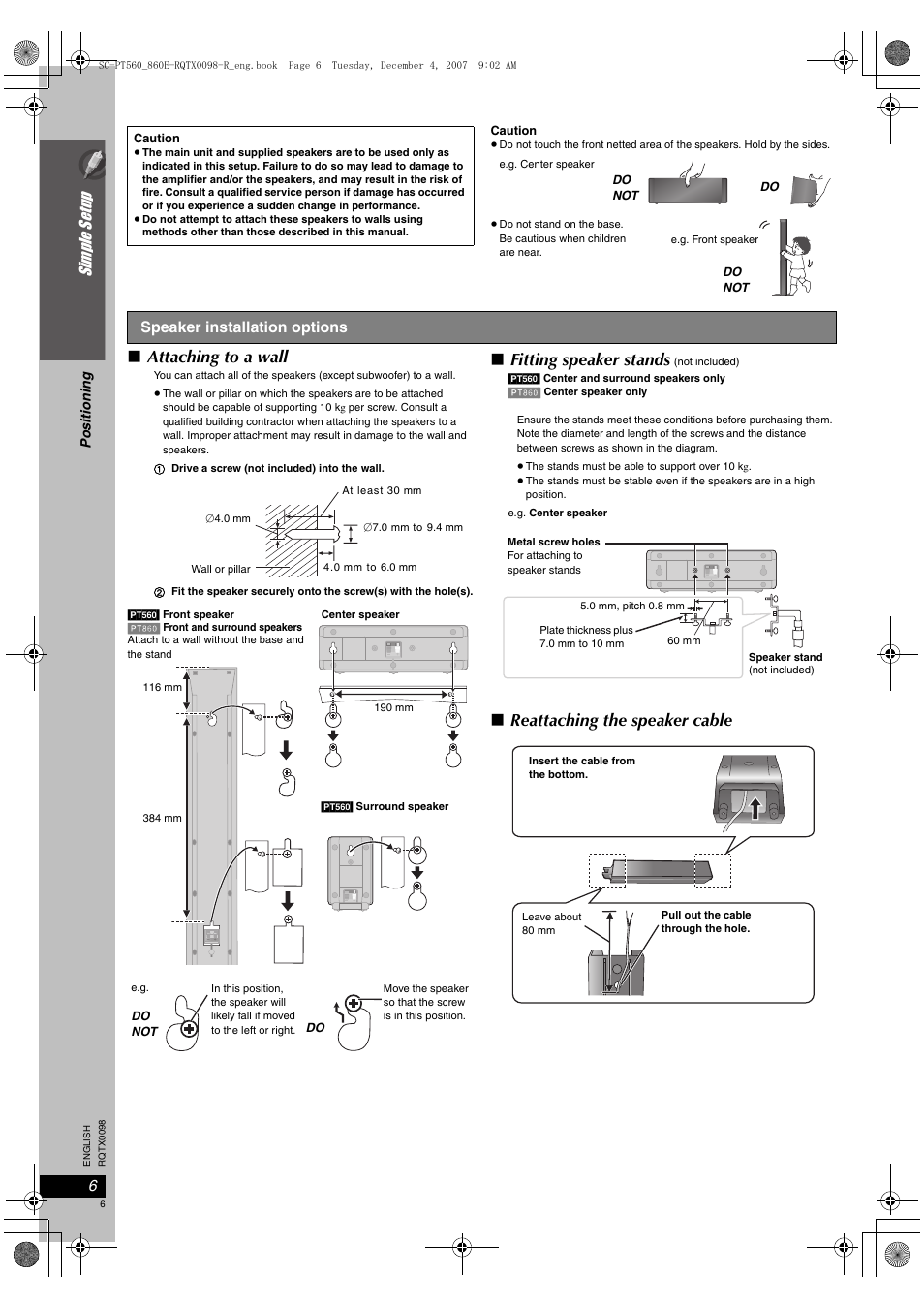 Attaching to a wall, Fitting speaker stands, Reattaching the speaker cable | Si mp le s etu p | Panasonic SCPT860 User Manual | Page 6 / 116