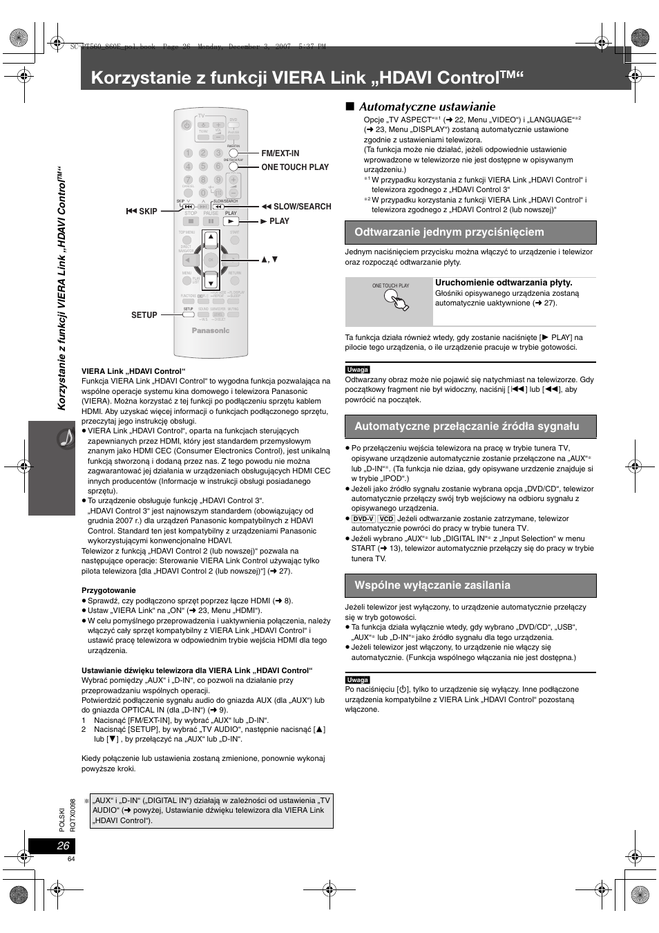 Korzystanie z funkcji viera link „hdavi control, Automatyczne ustawianie, Odtwarzanie jednym przyciśnięciem | Panasonic SCPT860 User Manual | Page 64 / 116