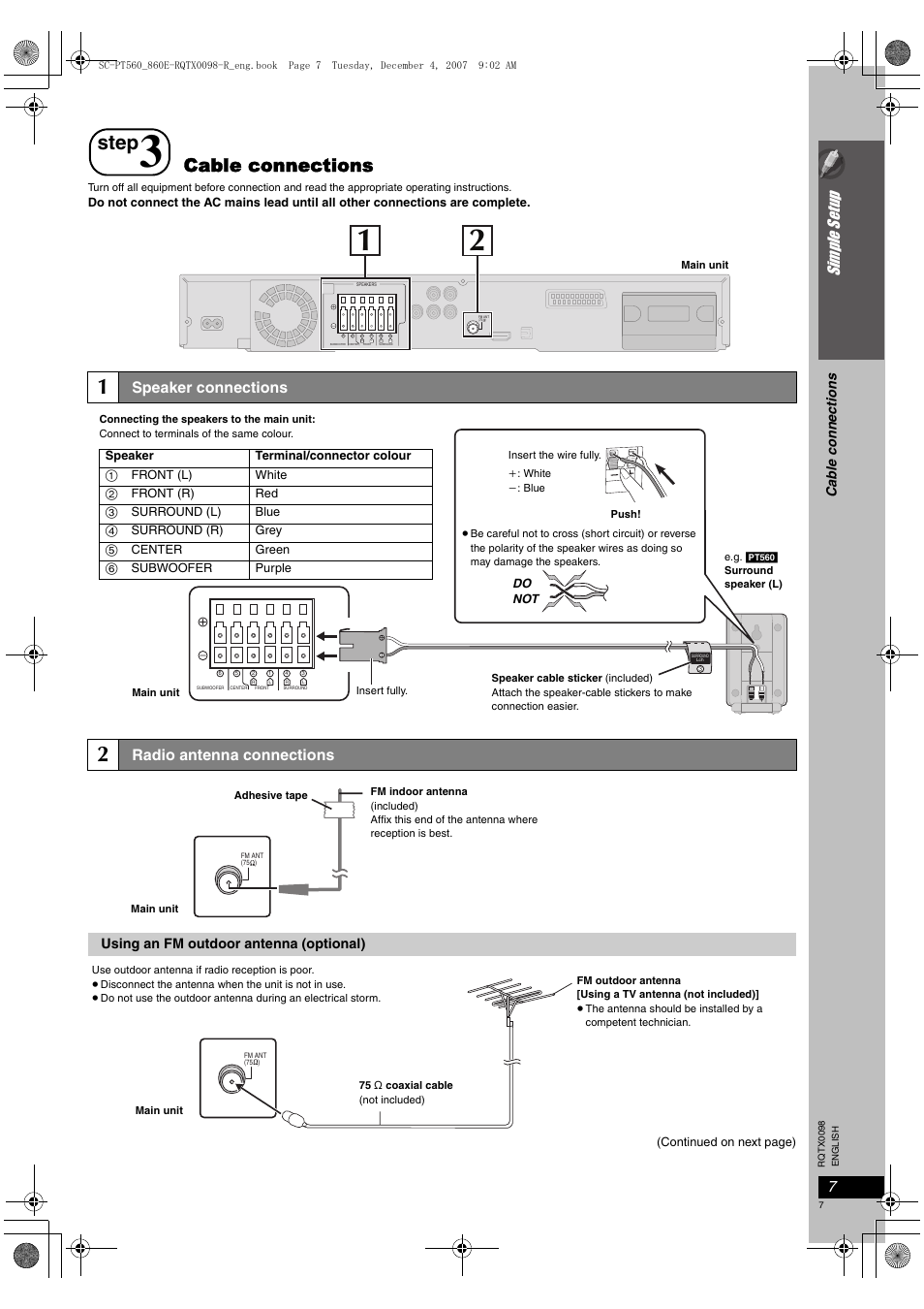 Step, Cable connections, Sim ple s etu p | Speaker connections, Radio antenna connections, Cab le connections, Using an fm outdoor antenna (optional) | Panasonic SCPT860 User Manual | Page 7 / 116