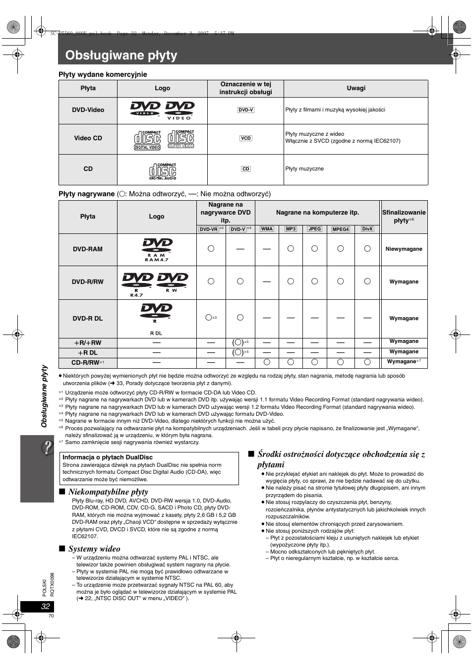 Obsługiwane płyty, Niekompatybilne płyty, Systemy wideo | Panasonic SCPT860 User Manual | Page 70 / 116