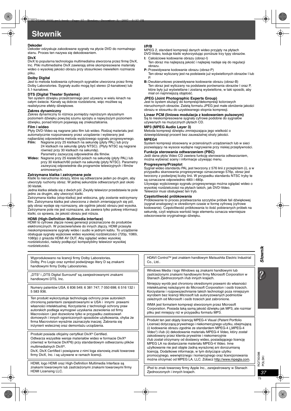Słownik | Panasonic SCPT860 User Manual | Page 75 / 116