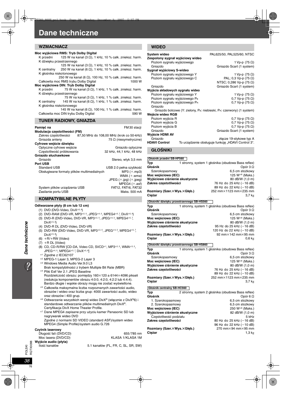 Dane techniczne, Dane tec h niczn e | Panasonic SCPT860 User Manual | Page 76 / 116