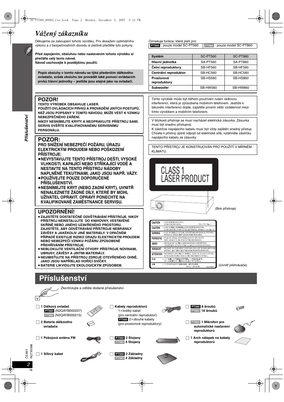 Příslušenství, Vážený zákazníku, Pozor | Upozornêní | Panasonic SCPT860 User Manual | Page 78 / 116
