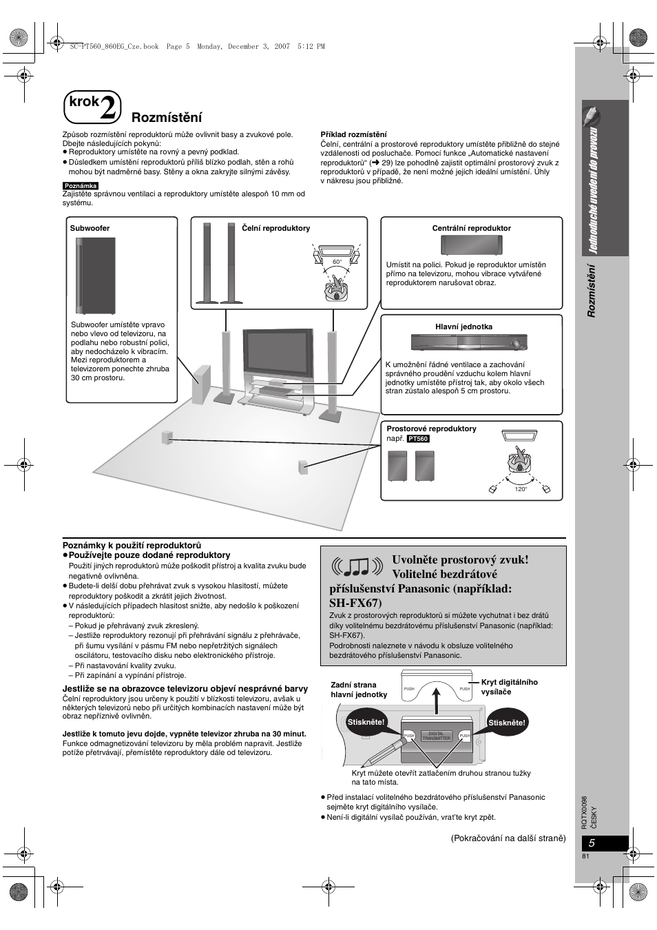 Krok, Rozmístění, 5jednoduch é uved ení do provozu | Panasonic SCPT860 User Manual | Page 81 / 116