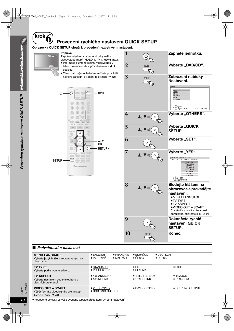 Krok, Provedení rychlého nastavení quick setup, Podrobnosti o nastavení | 10 jed nod uché uv edení do provozu, Zapněte jednotku, Vyberte „dvd/cd, Zobrazení nabídky nastavení, Vyberte „others, Vyberte „quick setup, Vyberte „set | Panasonic SCPT860 User Manual | Page 86 / 116