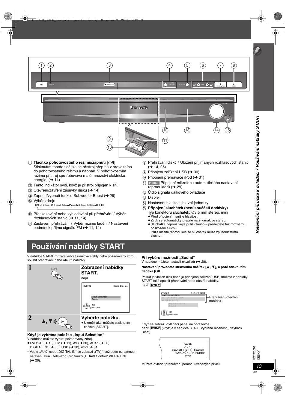 Používání nabídky start, Zobrazení nabídky start, Vyberte položku | Panasonic SCPT860 User Manual | Page 89 / 116