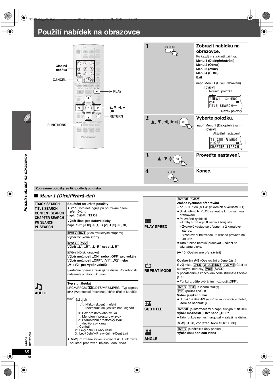 Použití nabídek na obrazovce, Menu 1 (disk/přehrávání), Zobrazit nabídku na obrazovce | Vyberte položku, Proveďte nastavení, Konec | Panasonic SCPT860 User Manual | Page 94 / 116