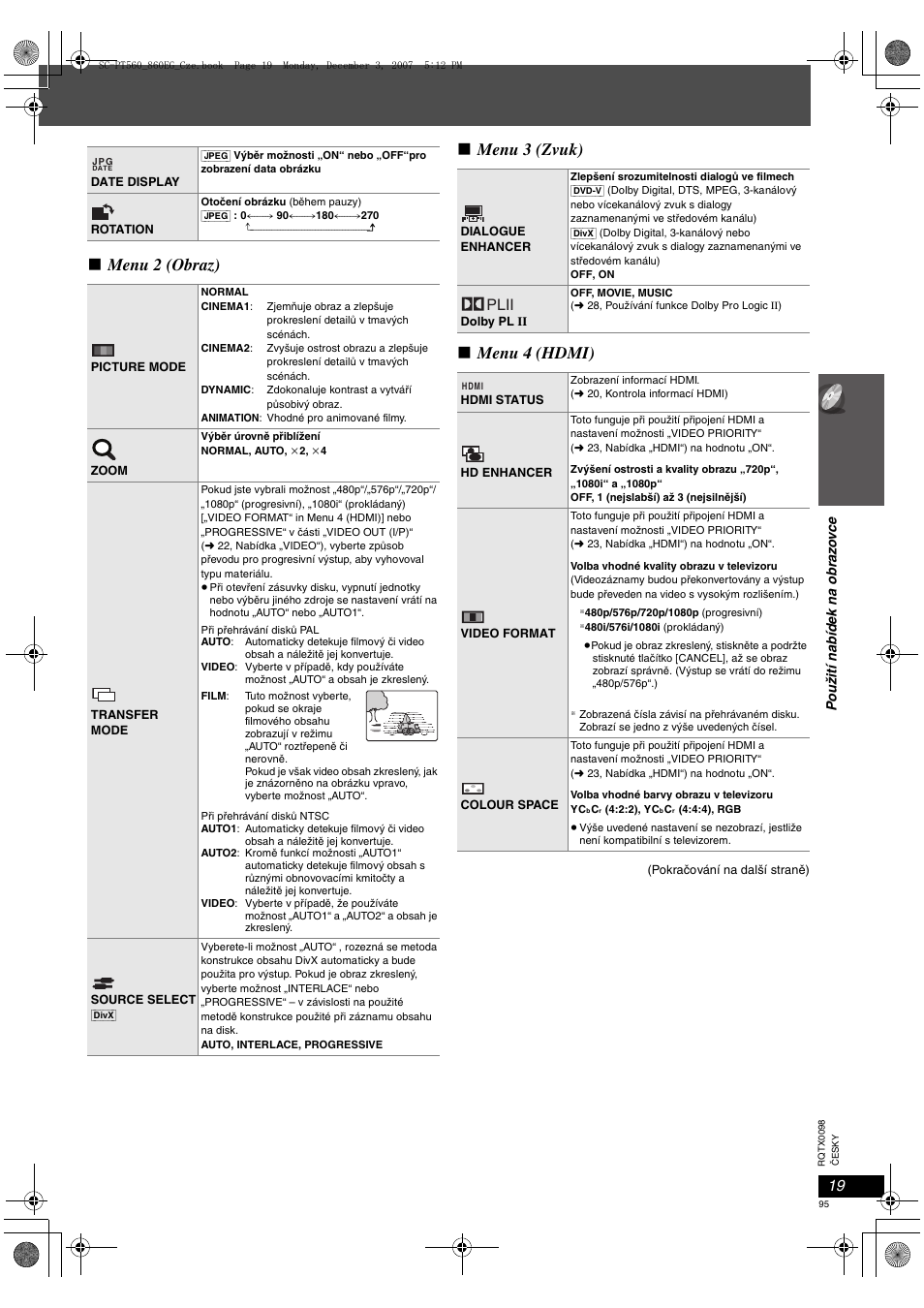 Menu 2 (obraz) ∫ menu 3 (zvuk) ∫ menu 4 (hdmi), Plii | Panasonic SCPT860 User Manual | Page 95 / 116