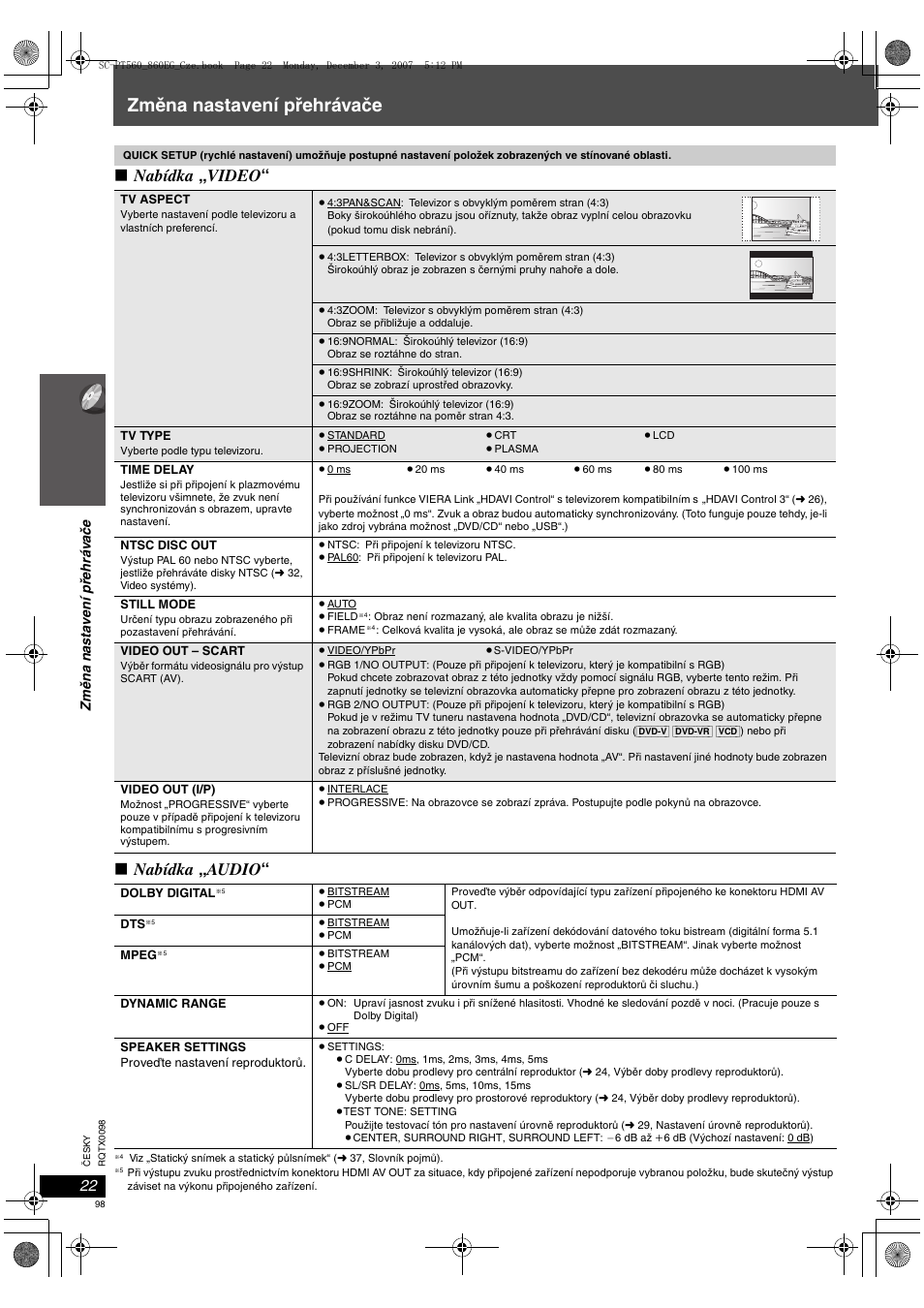 Změna nastavení přehrávače, Nabídka „ video “ ∫ nabídka „ audio | Panasonic SCPT860 User Manual | Page 98 / 116