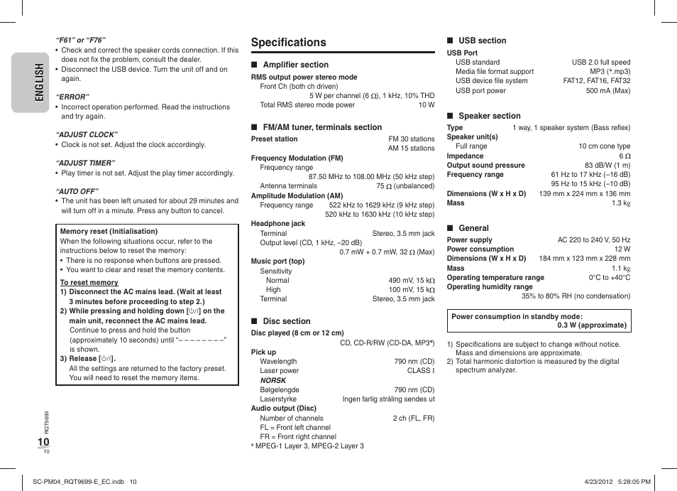 Specifi cations, En g l is h english 10 10 | Panasonic SCPM04EC User Manual | Page 10 / 56