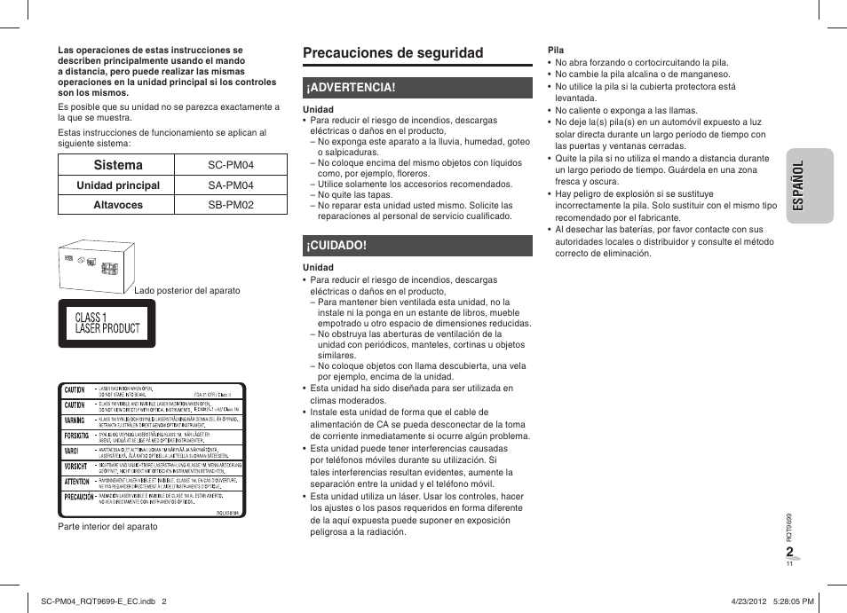 Precauciones de seguridad | Panasonic SCPM04EC User Manual | Page 11 / 56
