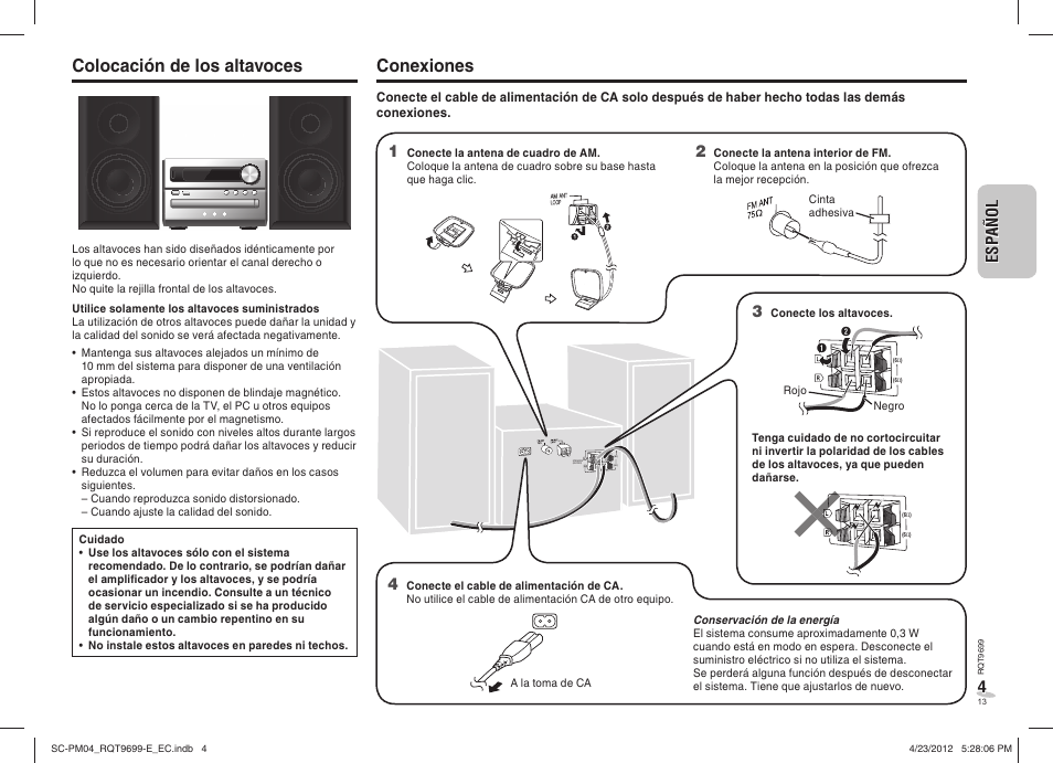 Colocación de los altavoces, Conexiones | Panasonic SCPM04EC User Manual | Page 13 / 56