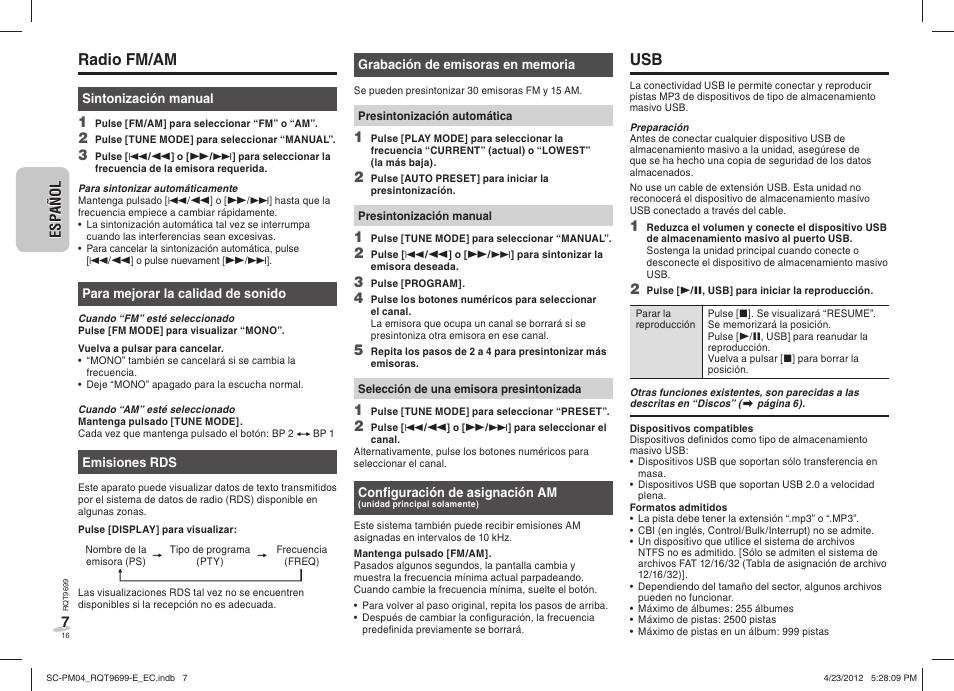 Radio fm/am | Panasonic SCPM04EC User Manual | Page 16 / 56