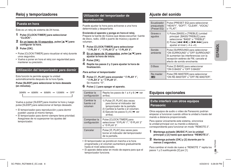 Reloj y temporizadores, Ajuste del sonido, Equipos opcionales | Panasonic SCPM04EC User Manual | Page 17 / 56