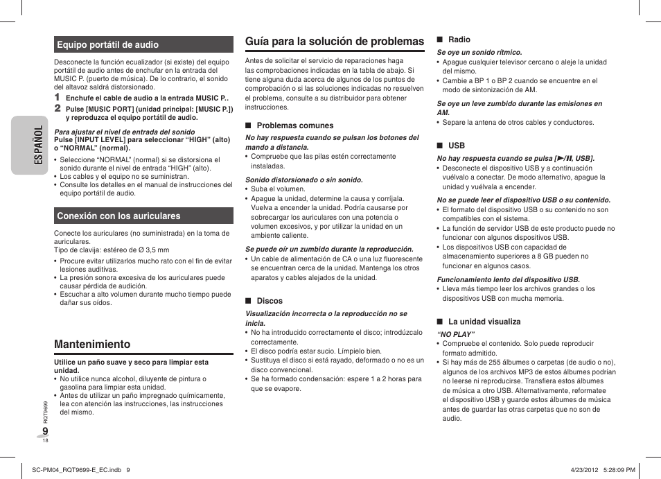 Guía para la solución de problemas, Mantenimiento | Panasonic SCPM04EC User Manual | Page 18 / 56