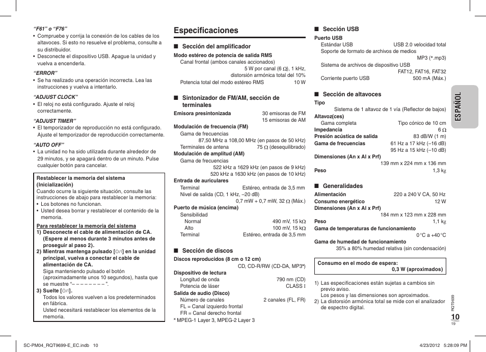 Especifi caciones | Panasonic SCPM04EC User Manual | Page 19 / 56