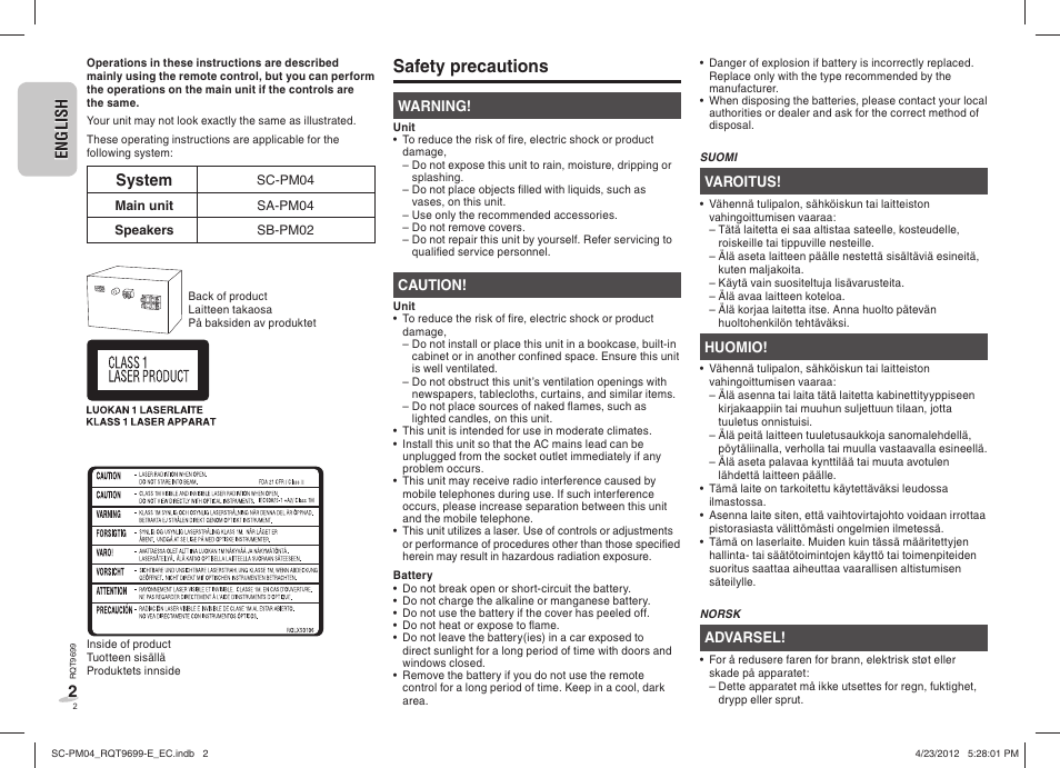 Safety precautions, En g l is h english 2 2, System | Panasonic SCPM04EC User Manual | Page 2 / 56