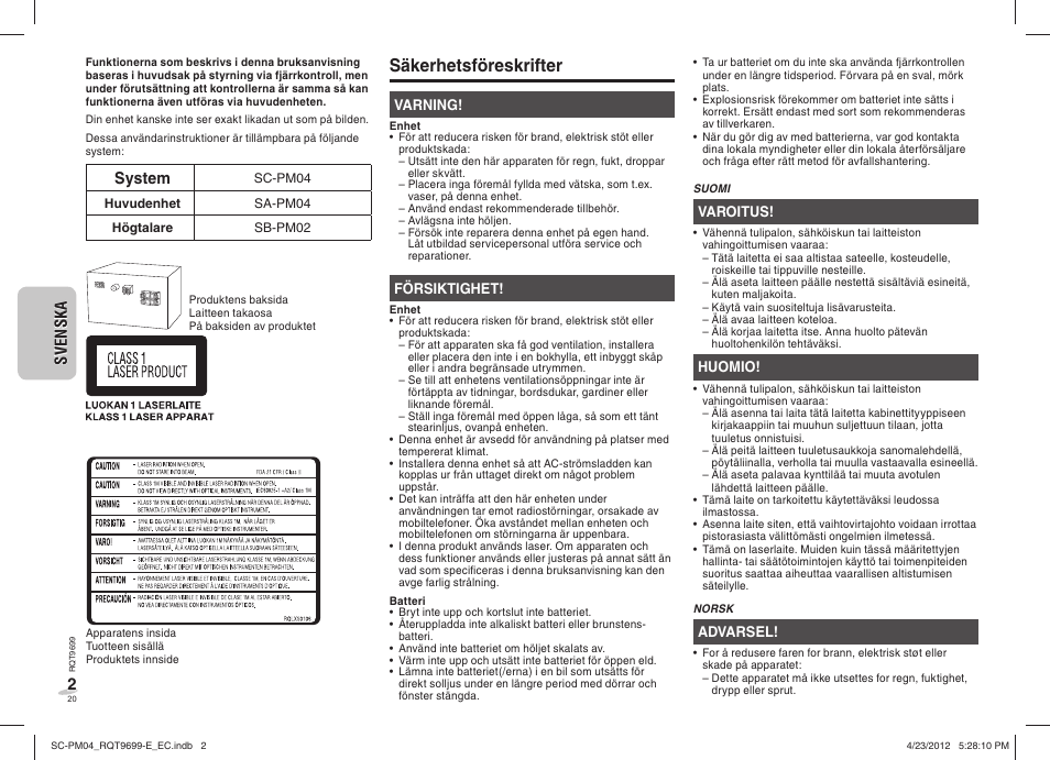 Säkerhetsföreskrifter, System | Panasonic SCPM04EC User Manual | Page 20 / 56