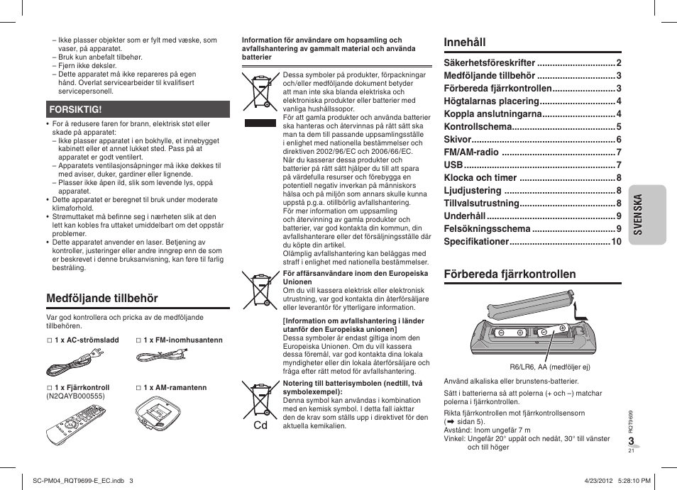 Innehåll, Medföljande tillbehör, Förbereda fjärrkontrollen | Panasonic SCPM04EC User Manual | Page 21 / 56