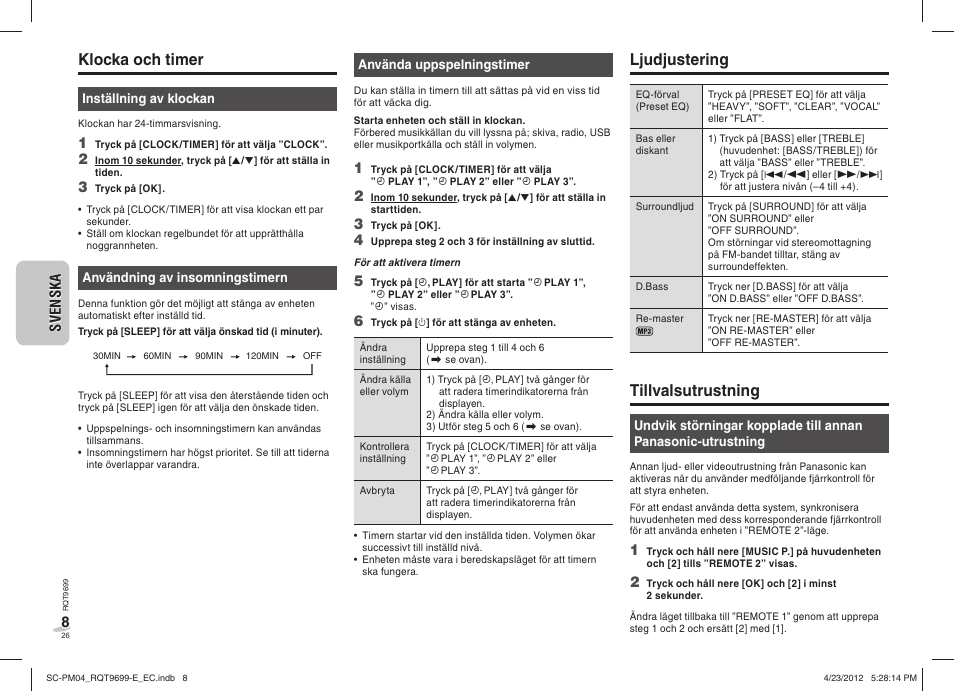Klocka och timer, Ljudjustering, Tillvalsutrustning | Panasonic SCPM04EC User Manual | Page 26 / 56