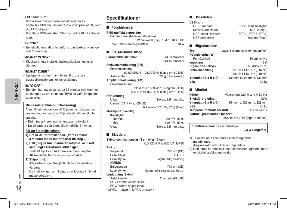 Specifi kationer | Panasonic SCPM04EC User Manual | Page 28 / 56