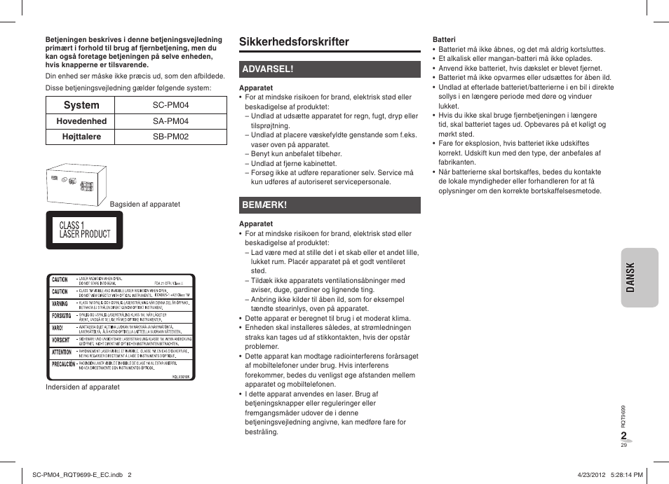 Sikkerhedsforskrifter | Panasonic SCPM04EC User Manual | Page 29 / 56