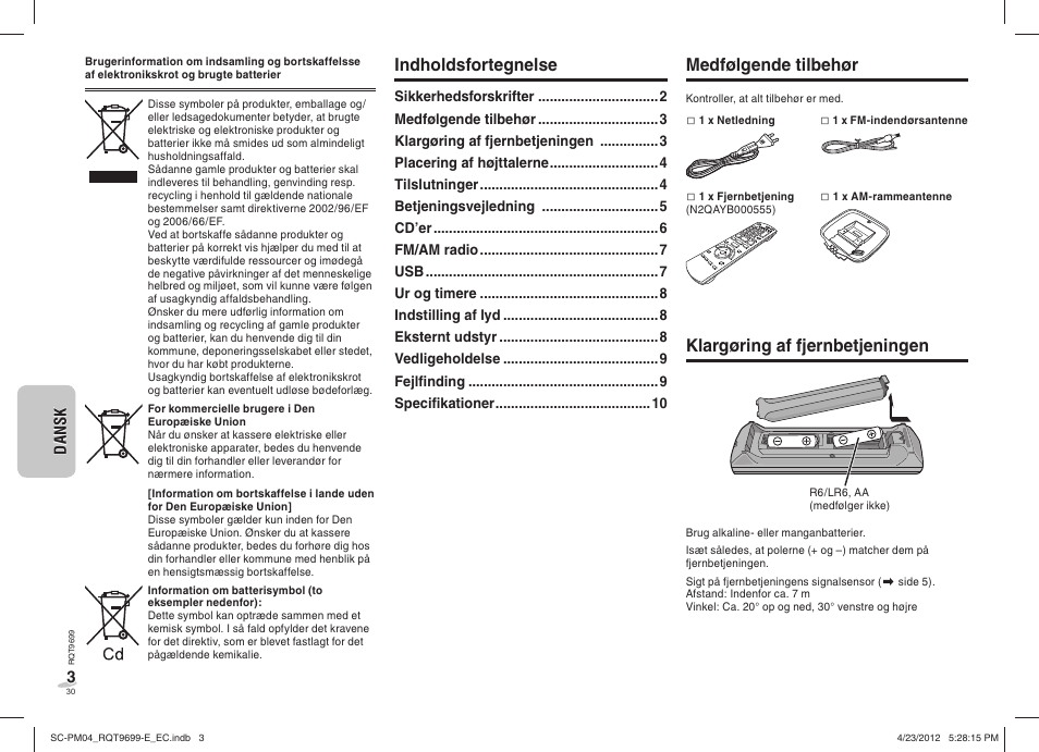 Indholdsfortegnelse, Medfølgende tilbehør, Klargøring af fjernbetjeningen | Panasonic SCPM04EC User Manual | Page 30 / 56