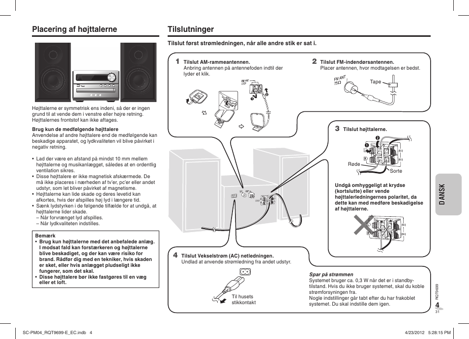 Placering af højttalerne, Tilslutninger | Panasonic SCPM04EC User Manual | Page 31 / 56