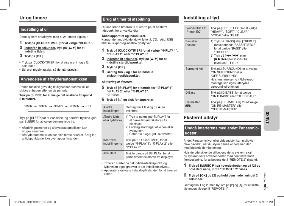 Ur og timere, Indstilling af lyd, Eksternt udstyr | Panasonic SCPM04EC User Manual | Page 35 / 56