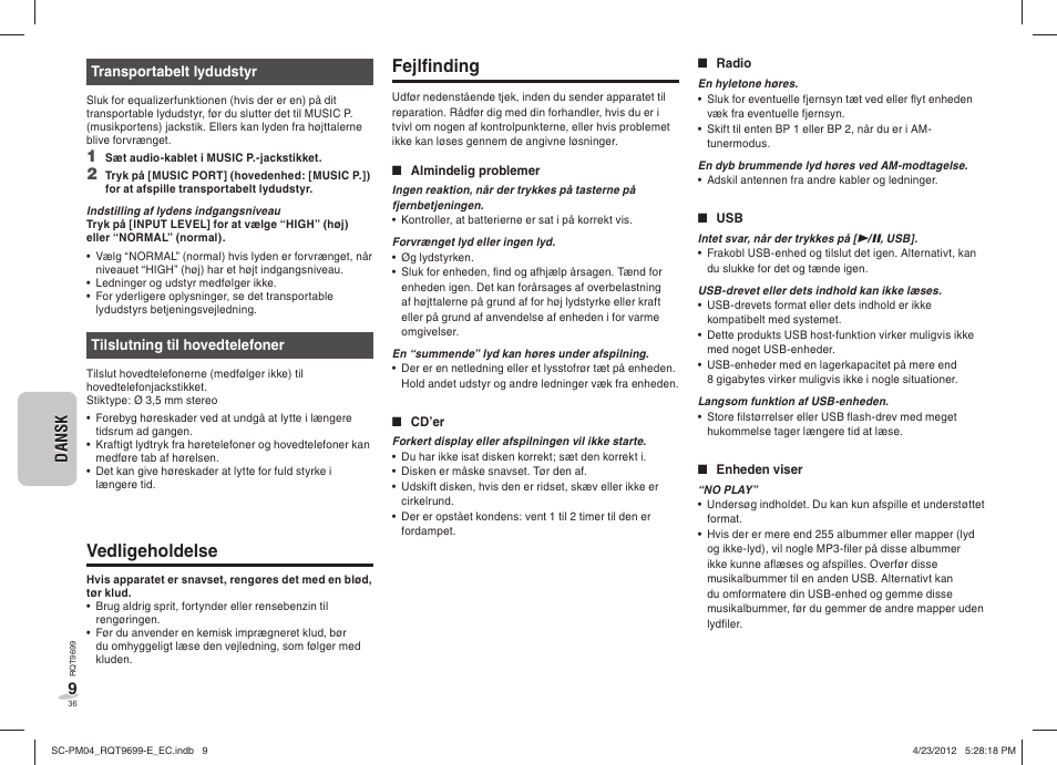 Fejlfi nding, Vedligeholdelse | Panasonic SCPM04EC User Manual | Page 36 / 56