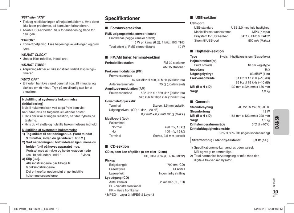 Specifi kationer | Panasonic SCPM04EC User Manual | Page 37 / 56