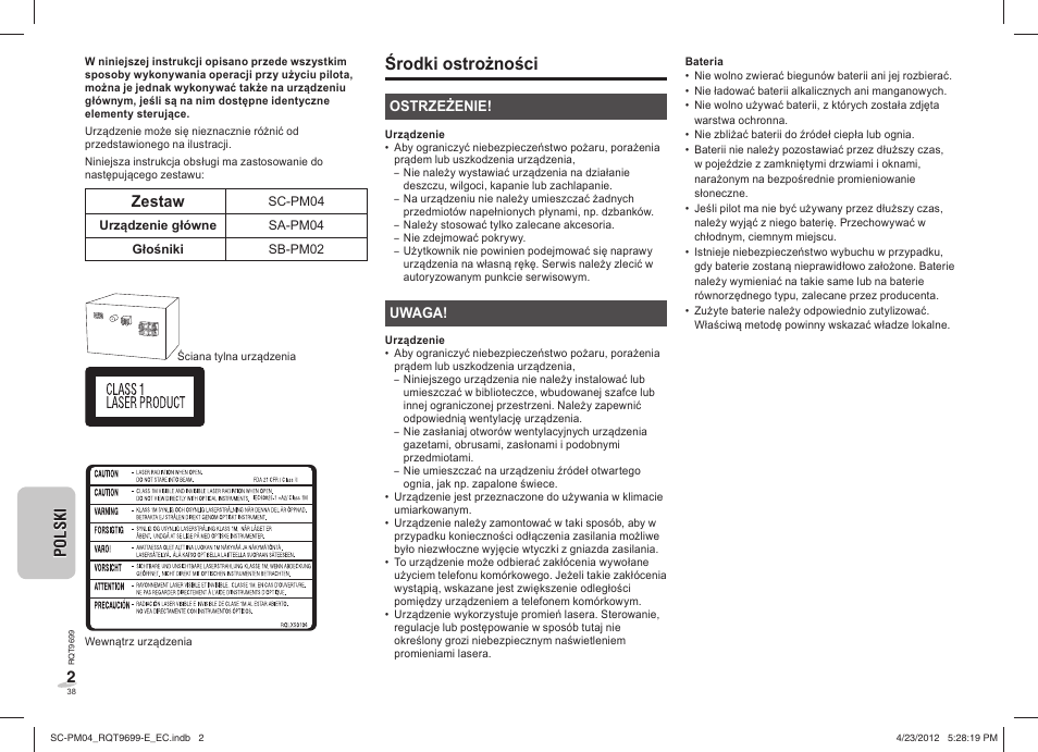 Środki ostrożności | Panasonic SCPM04EC User Manual | Page 38 / 56