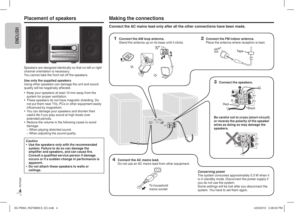 Placement of speakers, Making the connections, En g l is h english 4 4 | Panasonic SCPM04EC User Manual | Page 4 / 56