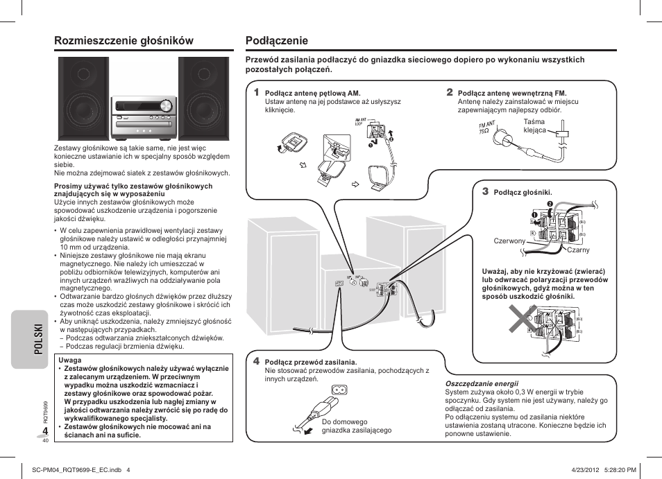 Rozmieszczenie głośników, Podłączenie | Panasonic SCPM04EC User Manual | Page 40 / 56